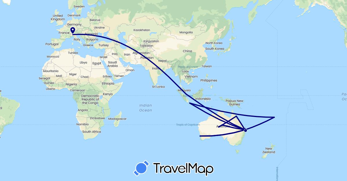 TravelMap itinerary: driving in Australia, Fiji, Indonesia, Italy, Singapore (Asia, Europe, Oceania)